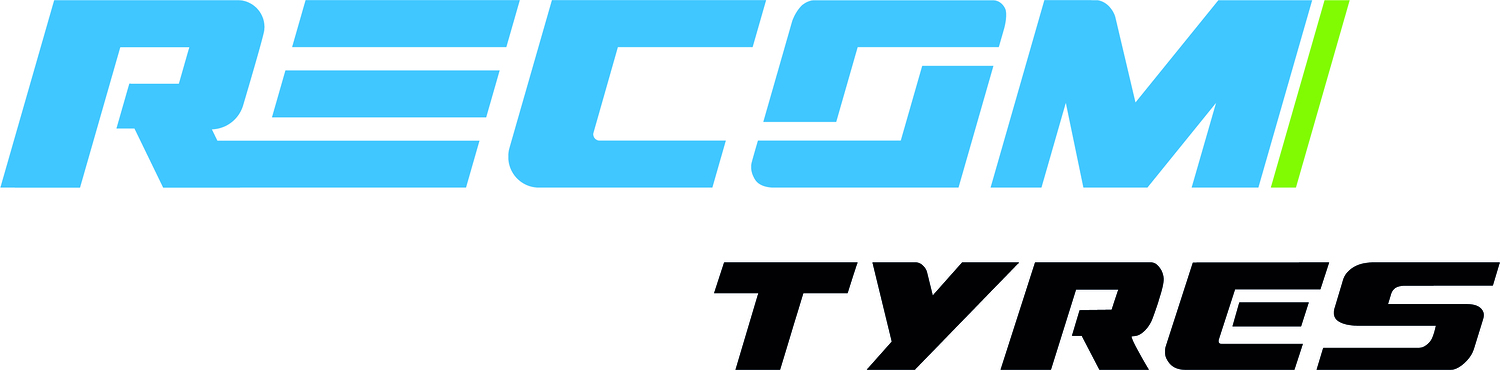 Recom Tyres / Recom Tyres Logo Recom Tyres in blau und schwarz auf weißem Hintergrund