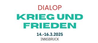 Schriftzug der Veranstaltung 'Dialop - Krieg und Frieden' in Rot und Grün auf weißem Hintergrund