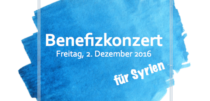 Flyer der Veranstaltung Benefizkonzert für Syrien: weißer Schriftzug auf Himmelblauem Hintergrund