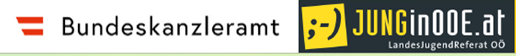 Logo Bundeskanzleramt mit Österreichfahne und Schriftzug 'Bunderkanzleramt' und Logo Landejugendreferat OÖ mit gelb-schwarzem Smily und Schriftzug 'Jung in OOE.at'