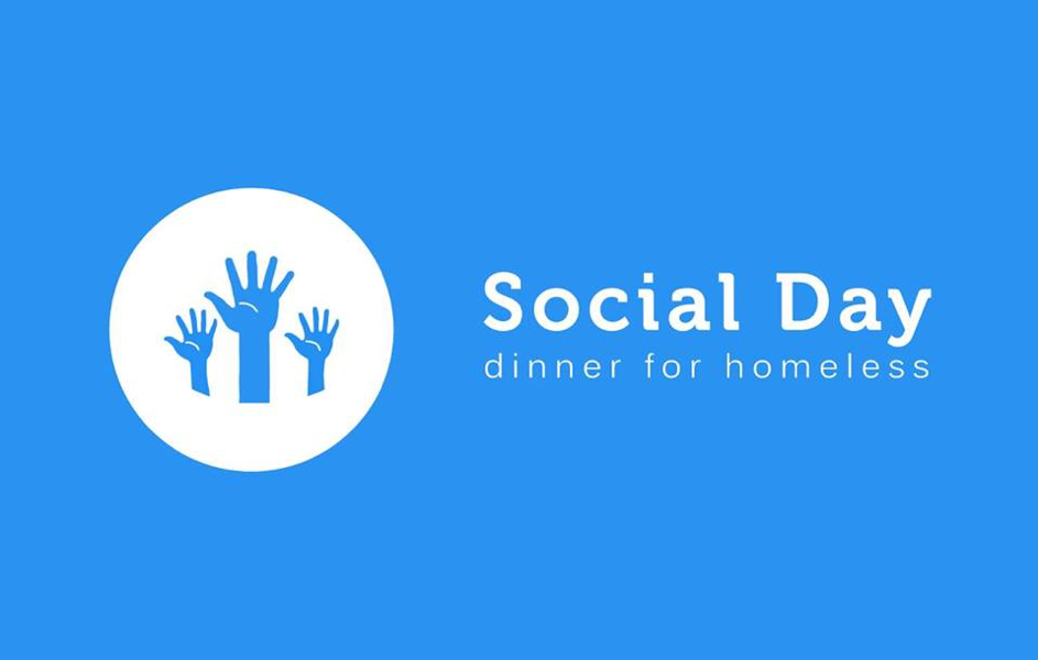Logo der Veranstaltung Socialday - drei blaue Hände auf weißem runden Hintergrund in blauem Banner