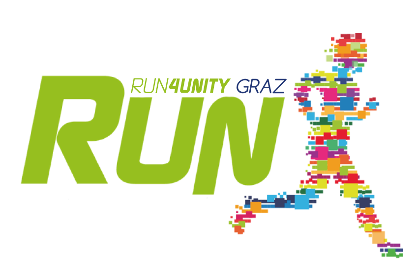Logo Run4unity mit grünem Schriftzug 'Run' und Läuferi: in in verschiednene Farbtönen
