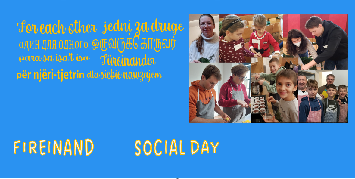 Flyer der Veranstaltung Socialday mit gelben Schriftzug auf blauem Hintergrund und Fotos der Veranstaltung mit Jugendlichen
