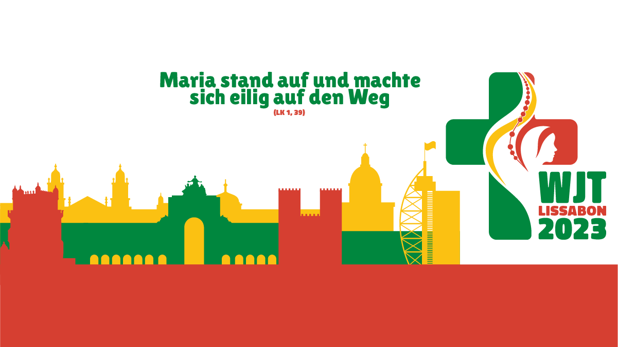 Banner der Veranstaltung Weltjugendtag 2023 in Lissabon mit Umriss der Stadt Lissabon, Veranstaltungslogo und dem biblischen Motto.