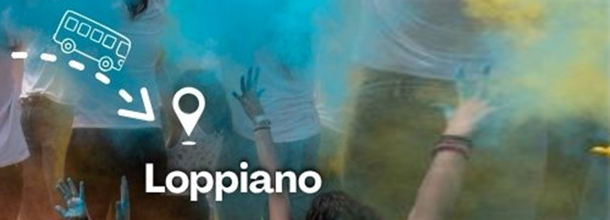 Buntes Bild mit Farbbomben und Händen und Schriftzug 'Loppiano' und Busgrafik