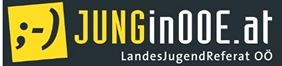 Logo des Landesjugendreferats von Oberösterreich mit gelb-schwarzem Smily und Schriftzug 'Jung in OOE.at'