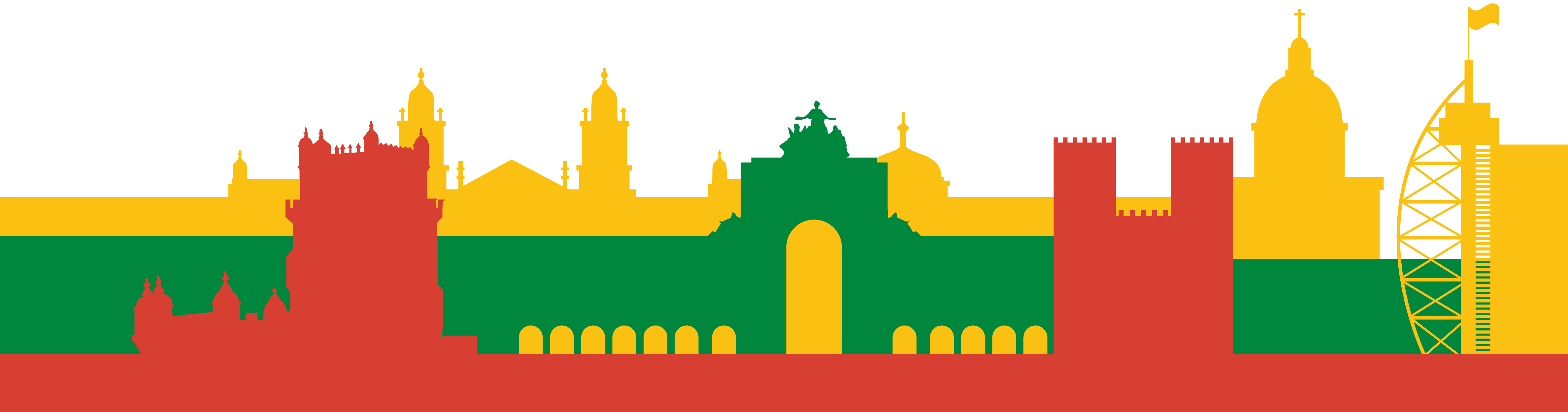 Stadtfront von Lissabon in den Logofarben des Weltjugendtages 2023: gelb, grün und rot